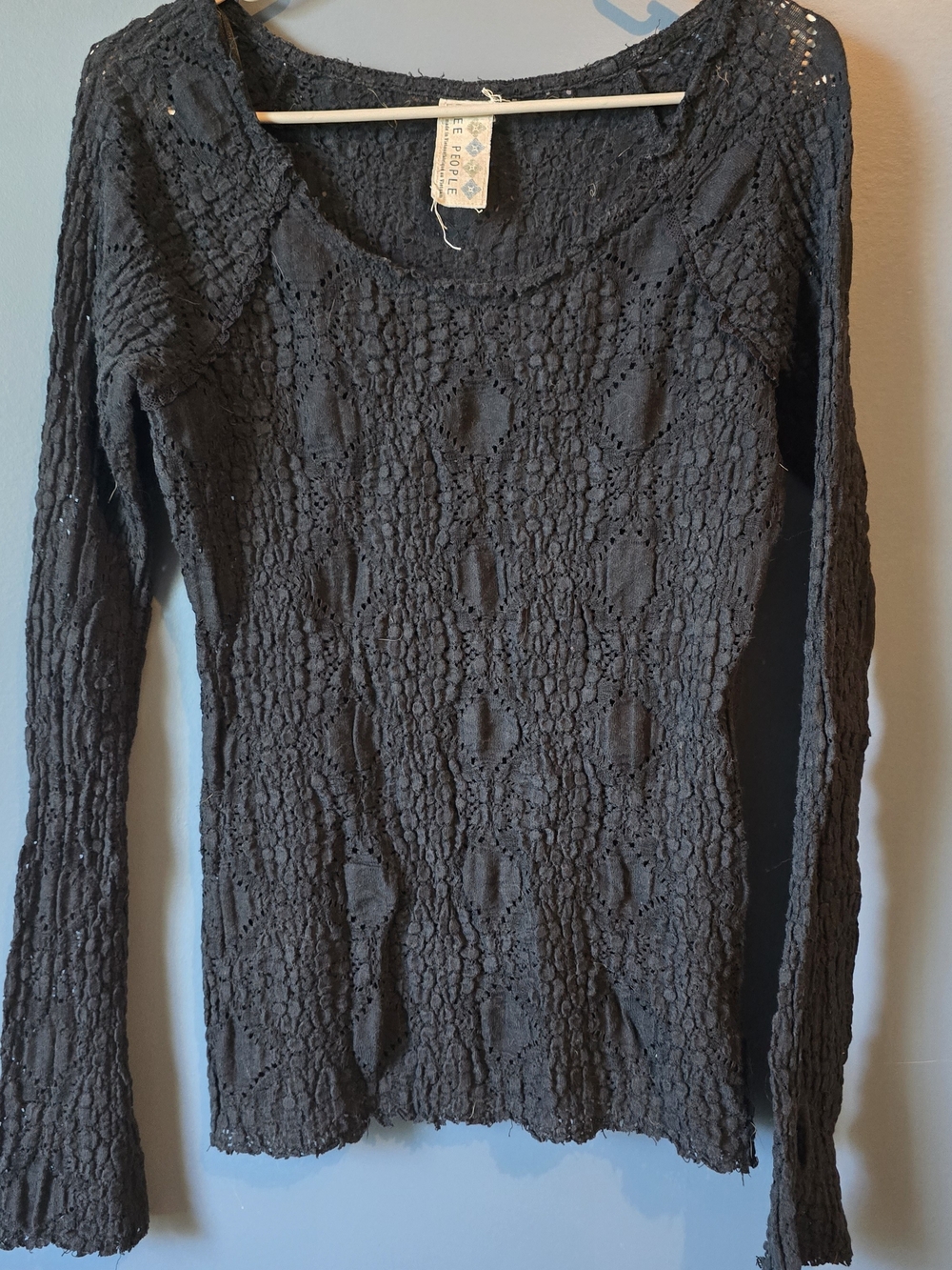 Free People Black Knit Lace Long Sleeve Top